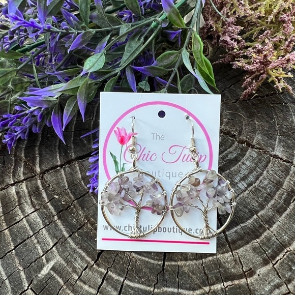 Tree Of Life earrings Amethyst earrings Purple Earrings Hoops Stone Dangle Boho - Picture 6 of 13